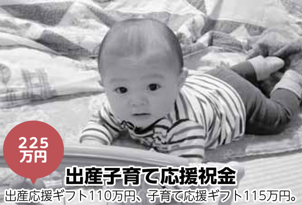 出産子育て応援祝金／出産応援ギフト110万円、子育て応援ギフト115万円。