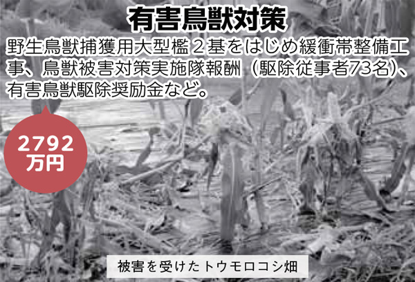 有害鳥獣対策／野生鳥獣捕獲用大型檻２基をはじめ緩衝帯整備工事、鳥獣被害対策実施隊報酬（駆除従事者73名）、有害鳥獣駆除奨励金など。