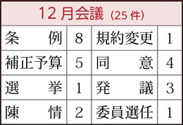 条例8件、補正予算5件、選挙1件、陳情2件、規約変更1件、同意4件、発議3件、委員選任1件