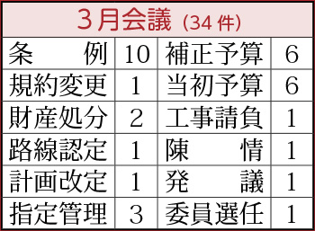 条例10件、規約変更1件、財産処分2件、路線認定1件、計画改定1件、指定管理3件、補正予算6件、当初予算6件、工事請負1件、陳情1件、発議1件、委員選任1件